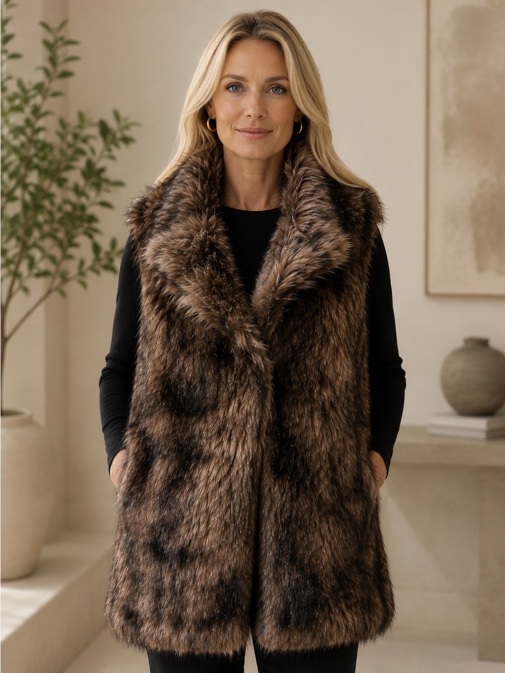 BB Dakota Luxe Vegan Fur Vest | Mob Wife Glam Brown Plush Open Front Coat S
